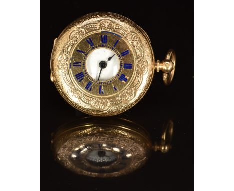L Courlander of Croydon 14ct gold half hunter pocket watch&nbsp;with blued hands, black Roman numerals, white enamel dial, in