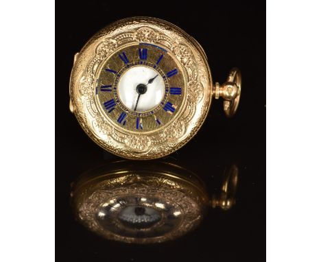 L Courlander of Croydon 14ct gold half hunter pocket watch&nbsp;with blued hands, black Roman numerals, white enamel dial, in