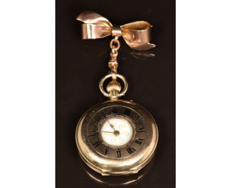 Unnamed 9ct gold keyless winding half hunter pocket watch&nbsp;with gold hands, black Roman numerals, gilt decorated&nbsp;whi