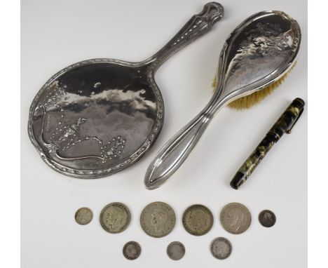 George V hallmarked silver dressing table mirror, Birmingham 1911, maker's mark rubbed, similar brush, vintage Parker fountai