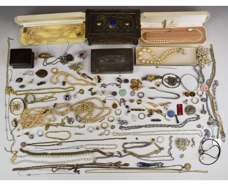 A collection of costume jewellery including Excalibur silver locket, silver pendant in the form of a parrot and cage, Juju do