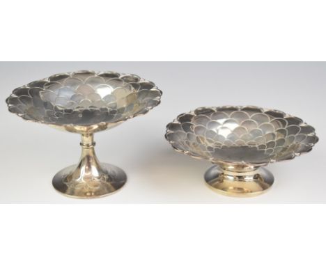 Two Mappin &amp; Webb hallmarked silver pedestal bonbon dishes with fish scale design, Sheffield 1931 and 1940, diameter 13cm