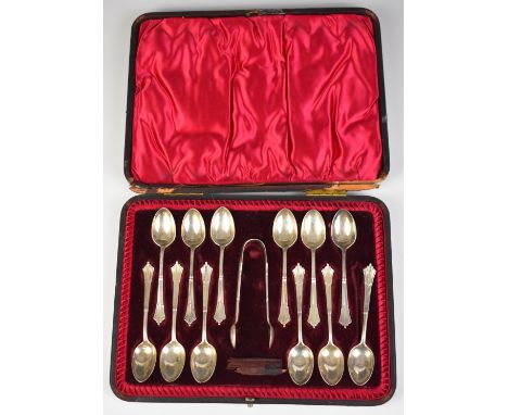 Cased set of 12 Victorian hallmarked silver teaspoons and sugar tongs, Sheffield 1897, maker Harrison Brothers &amp; Howson, 