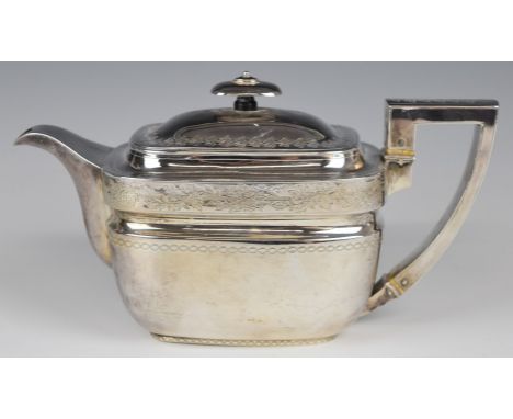 Georgian hallmarked silver teapot, with engraved decoration and insulated handle, London 1806, maker&nbsp;John Emes, length 2