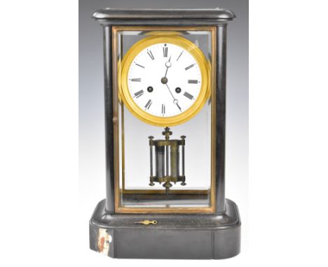 Black marble or slate cased 19thC mantel clock, the white enamel dial having Roman numerals, bevelled glazed front and back p