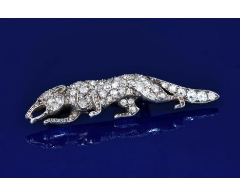 Victorian brooch in the form of a fox set with old cut and transitional cut diamonds and a ruby eye, 7.8g, 4.8cm&nbsp;