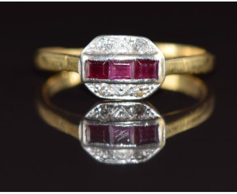 Art Deco 18ct gold ring set with rubies and diamonds, 2.3g, size I