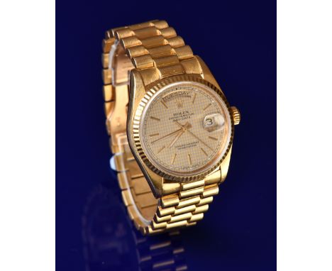 Rolex Oyster Perpetual Day-Date 18ct gold gentleman's automatic wristwatch ref. 18038 with day and date apertures, luminous g