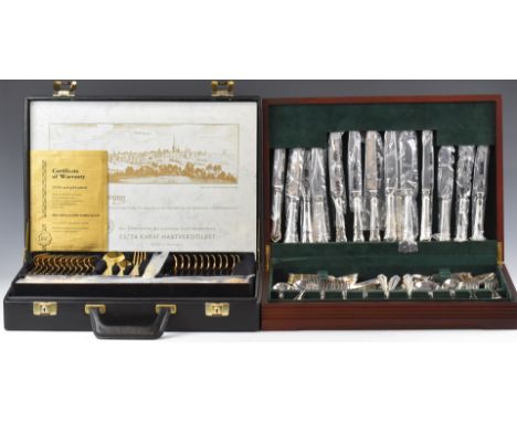 Two canteens of cutlery comprising Solingen gold plated 12 place example in a briefcase style canteen and a Butler of Sheffie