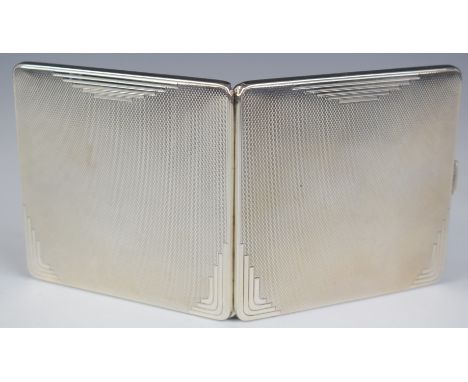 Art Deco hallmarked silver cigarette case with engine turned decoration, Birmingham 1931, maker Adie Brothers Ltd, width 9cm,