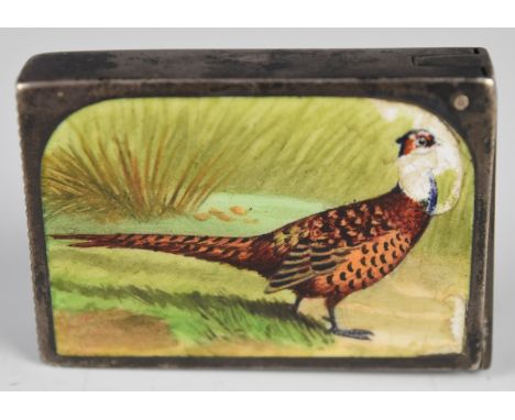 Sampson Mordan &amp; Co Ltd Edward VII hallmarked silver vesta case decorated with an enamel picture of a pheasant, Chester 1