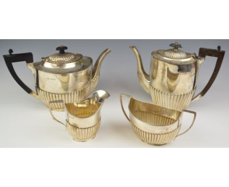 Harlequin early 20thC hallmarked silver tea and coffee set comprising teapot, coffee pot, sugar bowl and milk jug, various da