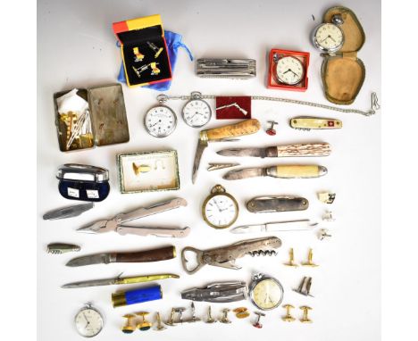Collection of vintage / collectable pocket watches, knives, cufflinks etc including boxed Smiths pocket watch, possibly unuse