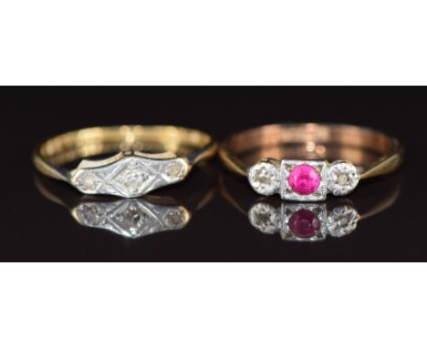 A 9ct gold ring set with a ruby and diamonds in a platinum setting (1.6g, size K) and an 18ct gold ring set with three diamon