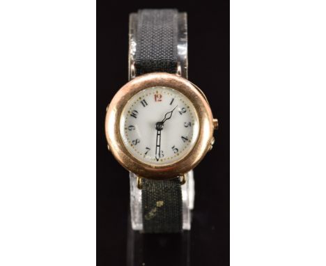 Swiss 9ct gold wristwatch with blued skeleton&nbsp;hands, black Arabic numerals, white enamel dial and unsigned movement,&nbs