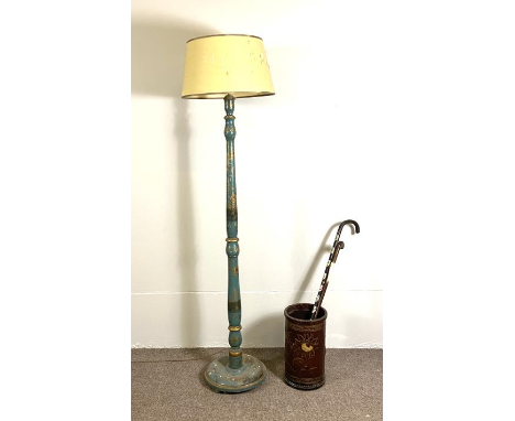 A vintage leather stick stand, with gilt decoration; together with two canes and a vintage 'chinoiserie' decorated standard l