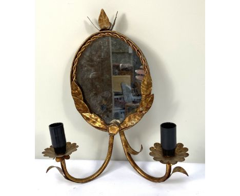 A set of four vintage gilt metal two sconce wall lights, with oval mirrored backs and scroll arms; also a vintage brass suspe