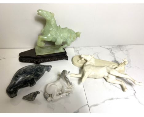 A selection of decorative ceramics, a USSR manufactured china horse, a large &lsquo;jade&rsquo; Chinese style horse and anoth