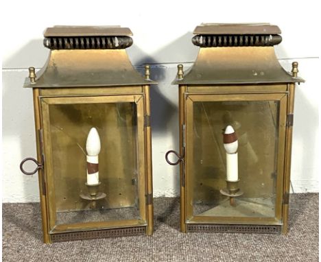 A pair of vintage &lsquo;brass&rsquo; wall mounted hall lanterns, with pierced ogee tops, each with single light, 48cm high
