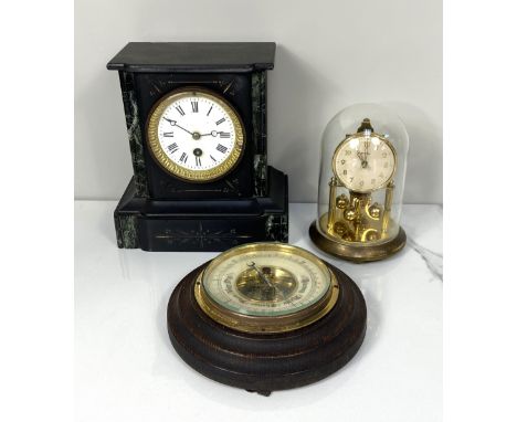 A late Victorian aneroid wall barometer; together with a Victorian small slate mantel clock and a perpetual timepiece, under 
