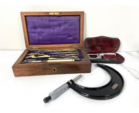 Vintage draftsmans tools, including a case of compases and related, also a Starrett wide mouthed micrometer and another small