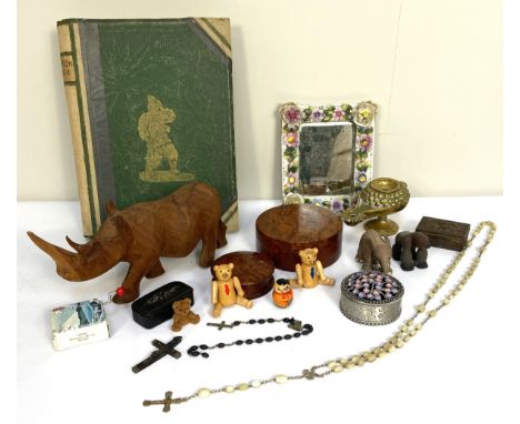 Assorted items, including a porcelain mirror with encrusted flowers, a carved rhino, a trinket box, an oil lamp and other ite