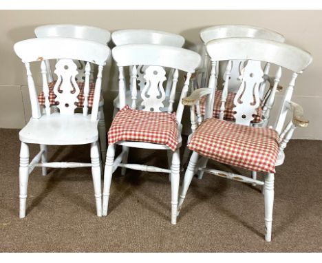 A set of six light blue painted kitchen chairs, with fretwork splats and turned legs