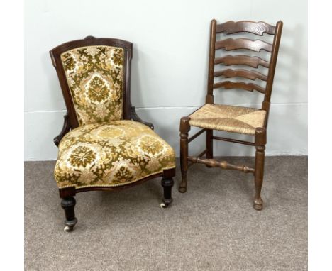 A small Victorian Ladies upholstered parlour chair, with short turned legs and ceramic castors; also a Lancashire style ladde