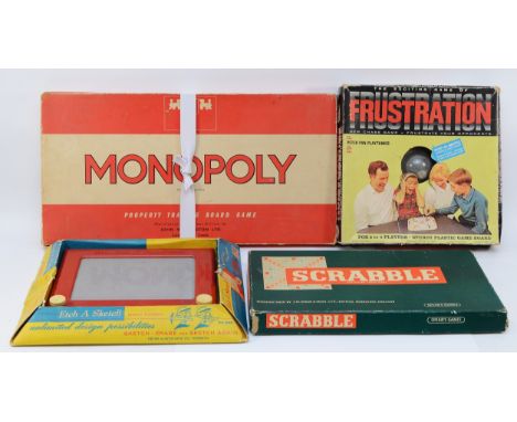 Four vintage board games, to include, a Peter Austin Etch-A-Sketch, in original French-Canadian packaging, Scrabble, a 1960s 