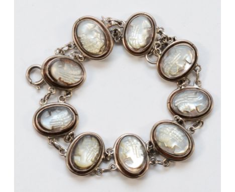 A silver cased mother of pearl cameo bracelet, 18cm, 22.1g