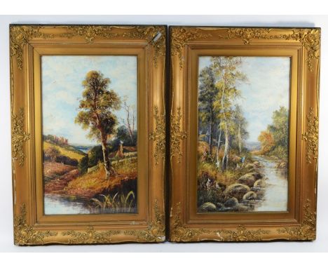 After Irene Cafieri; Two forests views with rivers, in ornate wooden frames, oil on canvas, 68cm x 48, together with three pr