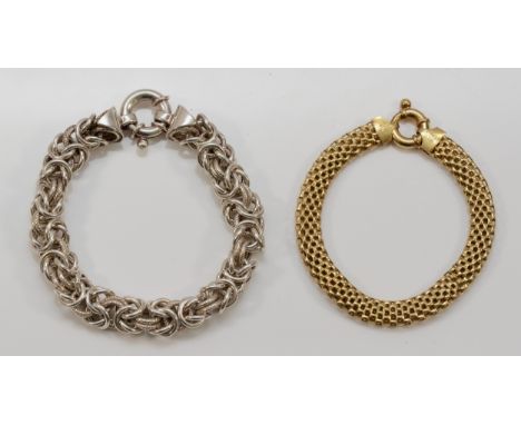 A silver fancy link bracelet, 20cm and a silver gilt bracelet, 37gm (2)