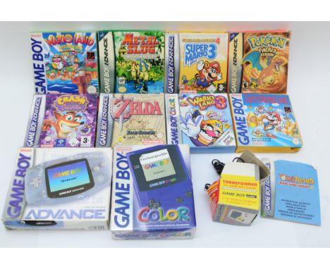 A Game Boy Color, with original packaging and instruction manual, in purple, and a Game Boy Advance, with original packaging,