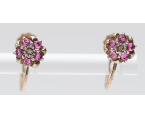 A pair of 9ct gold antique ruby and diamond floral cluster earrings with screw backs, 1.8g