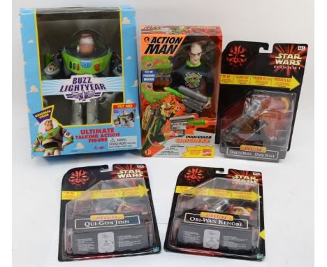 Five figurines related to Film and Television, to include, three Hasbro Star Wars: The Phantom Menace figurines, in original 