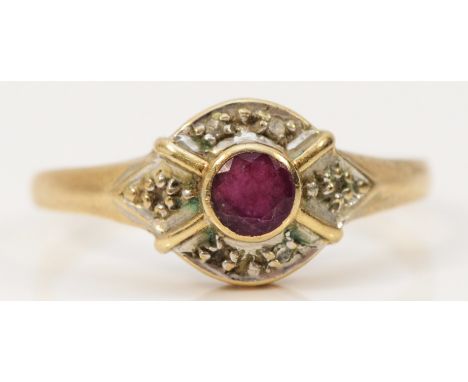 A 9ct gold ruby and diamond dress ring, N 1/2, 1.8g