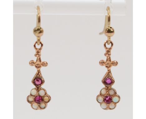A par of 9ct gold ruby and opal floral drop earrings, 25mm drop, one opal is cracked, 1.8g