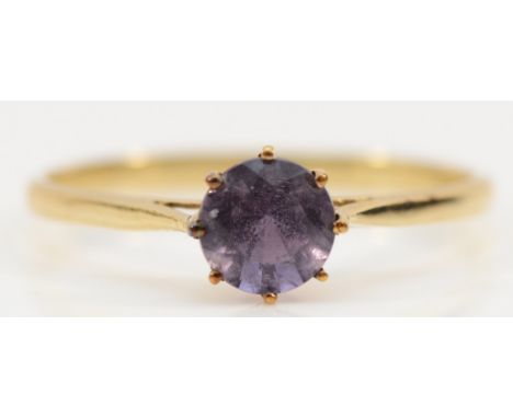 A 9ct gold amethyst solitaire ring, T, 6mm amethyst, 1.3g