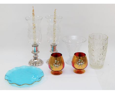 Two brandy glasses, ruby glass with gilt decoration and enamel painted pansies, H-14cm, two opulent candlestick holders with 