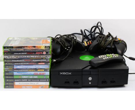 An XBOX console, with two controllers and thirteen games, to include, Sonic Heroes, Rugby League and the Halo 2, limited edit