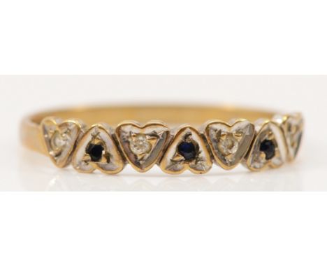 A 9ct gold sapphire and cubic zirconia heart shaped half eternity ring, P, 1.1g