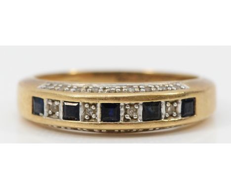 A 9ct gold sapphire and diamond half eternity ring, with diamond set outer band, L 1/2, 2.6g