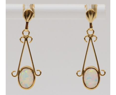 A pair of 9ct gold imitation opal drop earrings with scroll backs, 25mm drop, 0.7g