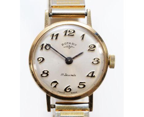 A 9ct gold Rotary manual wind ladies wristwatch, London 1973, 17 jewel movement, to a metal expanding bracelet.