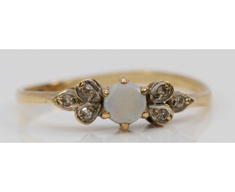 A 9ct gold opal and diamond dress ring, N, 1g