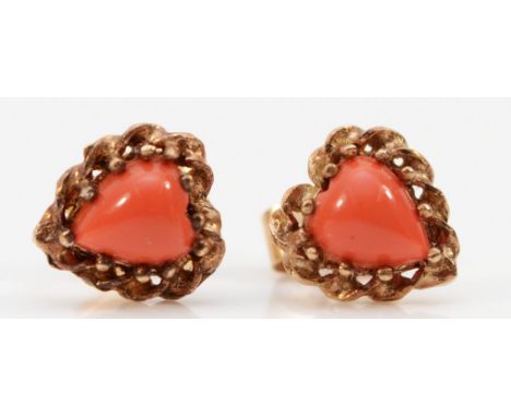 A pair of 9ct gold coral heart earrings with scroll backs, 7mm, 1.1g