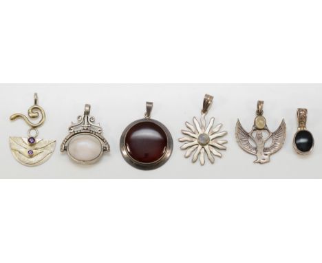 Six 925 silver pendants, including a carnelian disc pendant, 31mm, 42gm
