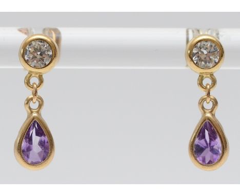 A pair of 9ct gold amethyst and cubic zirconia drop earrings with scroll backs, 15mm drop, 0.7g