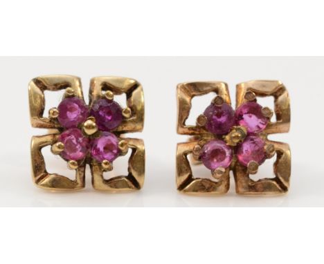 A pair of 9ct gold ruby earrings with scroll backs, 8mm x 8mm, 1.4g
