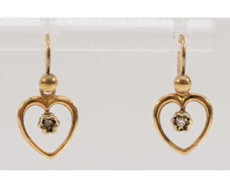 A pair of 9ct gold diamond heart shaped drop earrings with hooks, 12mm drop, 1.1g